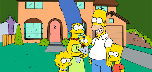 FILE - This undated image made available by Fox Broadcasting Co. shows the cartoon family the Simpsons, from left: Lisa, Marge, Maggie, Homer and Bart, posing in front of their home. On Sunday, Jan. 10, 2010 on Fox, "The Simpsons" is airing its 450th episode. (AP Photo/Fox Broadcasting Co.) NO SALES