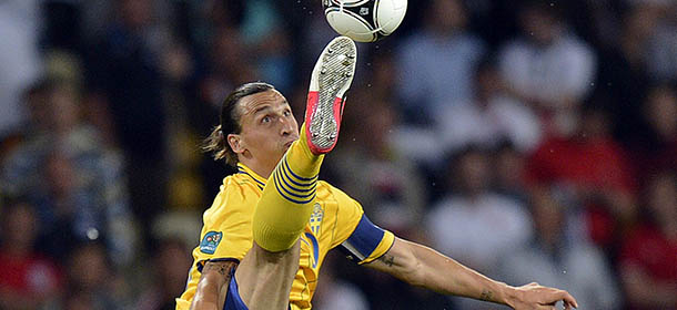 Sweden&#8217;s Zlatan Ibrahimovic plays the ball during the Euro 2012 soccer championship Group D match between Sweden and England in Kiev, Ukraine, Friday, June 15, 2012. (AP Photo/Martin Meissner)
