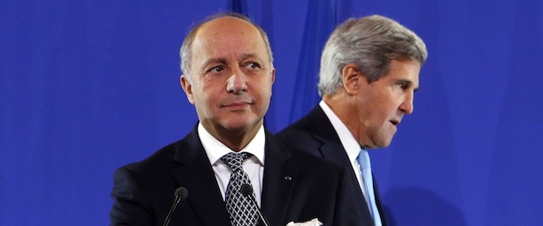 U.S. Secretary of State John Kerry, right, and French Foreign Minister Laurent Fabius arrive for a news conference at the Quai d&#8217;Orsay after a foreign ministers meeting to discuss developments in Syria, Paris, Monday, Sept. 16, 2013. The U.S. and its closest allies laid out a two-pronged approach in Syria on Monday, calling for enforceable U.N. benchmarks for eradicating the country&#8217;s chemical weapons program and an international conference bolstering the moderate opposition. (AP Photo/Larry Downing, Pool)
