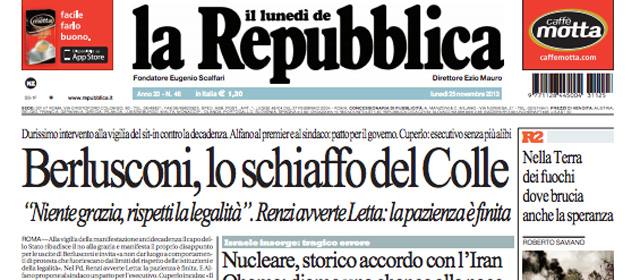 Le prime pagine di lunedì 25 novembre 2013