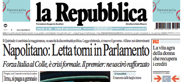 Le prime pagine di venerdì 29 novembre 2013