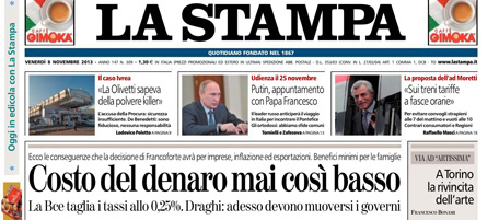 Le prime pagine di venerdì 8 novembre 2013