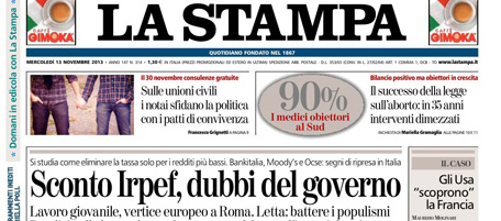 Le prime pagine di mercoledì 13 novembre 2013
