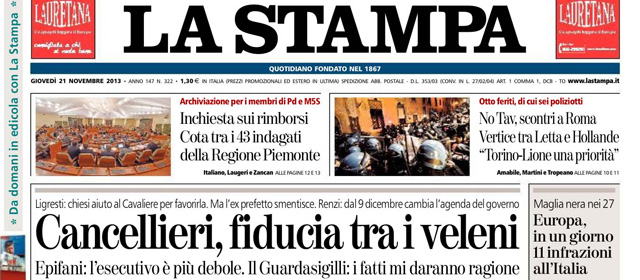 Le prime pagine di giovedì 21 novembre 2013