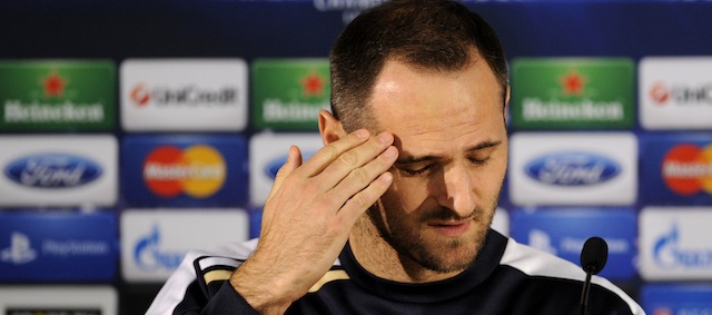 GNK Dinamo Zagreb's croatian defender Josip Simunic gestures during a press conference at Dragao Stadium in Porto on November 20, 2012 on the eve of the UEFA Champions League group A against Porto. AFP PHOTO/ FERNANDO VELUDO (Photo credit should read FERNANDO VELUDO/AFP/Getty Images)