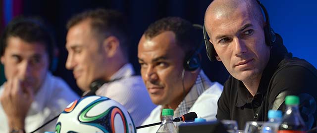 Football legends (from L to R) Spanish Fernando Hierro, Italian Fabio Cannavaro, Brazilian Cafu, French Zinedine Zidane, give a press conference on the eve of the Brazil 2014 FIFA Football World Cup final draw, in Costa do Sauipe, state of Bahia, on December 5, 2013. The eight players will be participating in the draw ceremony that will determine the eight groups AFP PHOTO / NELSON ALMEIDA (Photo credit should read NELSON ALMEIDA/AFP/Getty Images)