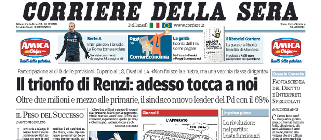 Le prime pagine di lunedì 9 dicembre 2013