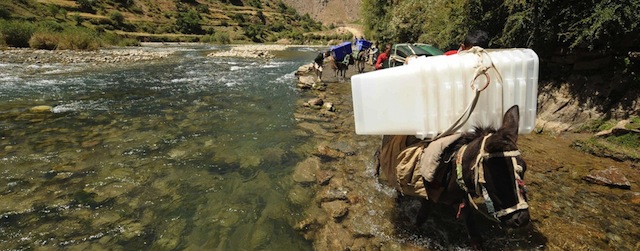 Afghan boys guide their donkeys carrying election supplies in the rugged mountains of the Panjshir valley on August 17, 2009. Afghan officials dispatched donkey trains into mountains laden with ballot boxes and voting papers, taking material for landmark elections to the most remote communities. The mules were loaded with plastic chairs, desks, dozens of sealed-off white plastic ballot boxes, 600 ballot papers for the August 20 presidential election and another 600 ballot papers for concurrent provincial election. AFP PHOTO/SHAH Marai (Photo credit should read SHAH MARAI/AFP/Getty Images)