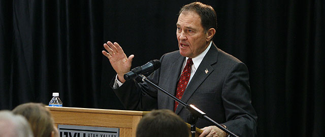 Utah Gov. Gary Herbert releases his fiscal year 2014 budget recommendations at Utah Valley University, in Orem, Utah, on Wednesday, Dec. 4, 2013. His proposal calls for more than $260 million in new education spending. (AP Photo/The Salt Lake Tribune, Scott Sommerdorf ) DESERET NEWS OUT; LOCAL TV OUT; MAGS OUT