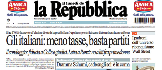 Le prime pagine di lunedì 30 dicembre 2013
