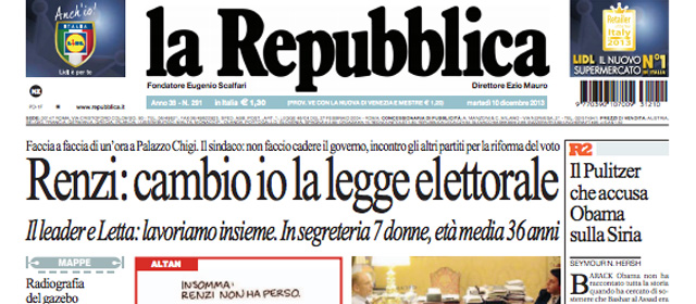 Le prime pagine di martedì 10 dicembre 2013