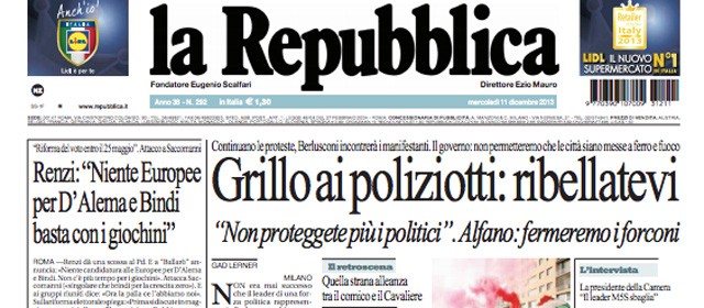 Le prime pagine di mercoledì 11 dicembre 2013