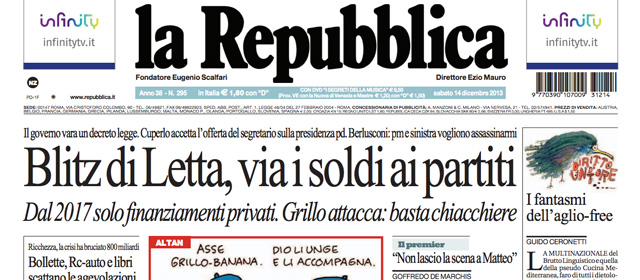 Le prime pagine di sabato 14 dicembre 2013