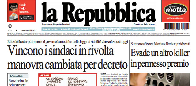 Le prime pagine di venerdì 20 dicembre 2013