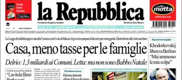 Le prime pagine di sabato 21 dicembre 2013