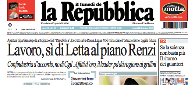 Le prime pagine di lunedì 23 dicembre 2013