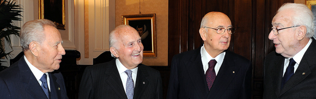 In this photo released by the Italian Presidency Press Office, Italian President Giorgio Napolitano, second right, with former presidents and senators for life (from left) Carlo Azeglio Ciampi, Oscar Luigi Scalfaro and Francesco Cossiga, at a joint parliamentary session in the lower Chamber of Deputies ceremony for the sixtieth anniversary of the country's constitution, in Rome, Wednesday, Jan. 23, 2008. Italian Premier Romano Prodi was fighting an uphill battle for his government's survival Wednesday, facing the first of two confidence votes that will determine if his center-left coalition can endure despite the loss of a crucial ally in Parliament. (AP Photo/Italian Presidency Press Office, HO)