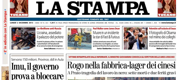 Le prime pagine di lunedì 2 dicembre 2013