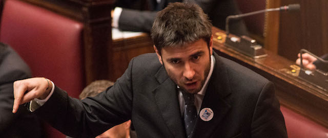 ROME, ITALY - MARCH 16: Alessandro Di Battista, deputy of Five Stars Movement, gestures as he attends the second session of the new Italian Parliament at the Chambers of Deputies on March 16, 2013 in Rome, Italy. The new Italian parliament, which opens the 17th Legislature, has the task of electing the President of the House of Parliament and of the Senate, before giving way to a new government. (Photo by Giorgio Cosulich/Getty Images)
