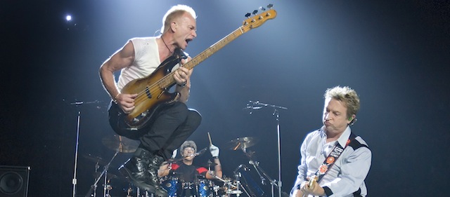 VANCOUVER, CANADA - MAY 28: (NO MAGAZINE COVERS UNTIL JUNE 16, 2007) Lead singer Sting (L), lead guitarist Andy Summers (R) and drummer Stewart Copeland (C) of the band The Police perform onstage to open their world tour at General Motors Place May 28, 2007 in Vancouver, Canada. (Photo by Jeff Vinnick/Getty Images) *** Local Caption *** Sting;Stewart Copeland;Andy Summers