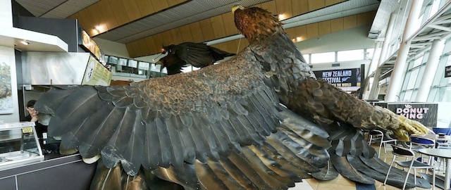 One of two giant eagle sculpture promoting "The Hobbit" movie trilogy lies on the ground after it fell in the wake of a 6.3 magnitude earthquake at Wellington Airport in Wellington, Monday, Jan. 20, 2014. There are no reports of major damage or injuries for the quake, centered about 38 kilometers (24 miles) northeast of the town of Masterton at a depth of 27 kilometers (17 miles) although strong enough to damage some homes, trigger rockslides and road closures.(AP Photo/New Zealand Herald/Hagen Hopkins)**New Zealand Out Australia Out**