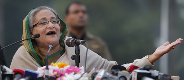 Bangladesh’s Prime Minister Sheikh Hasina speaks during a press conference in Dhaka, Bangladesh, Monday, Jan. 6, 2014. On Monday, Hasina's ruling Awami League party won one of the most violent elections in the country's history, marred by street fighting, low turnout and a boycott by the opposition that made the results a foregone conclusion. (AP Photo/Rajesh Kumar Singh)