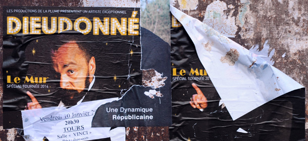 A photo taken on January 10, 2014 in Tours, central France, shows posters of the French controversial humorist Dieudonne M'bala M'bala's show which was prevented from taking place when a court in nearby Orleans ruled that a ban by local authorities was valid. Controversial French comic Dieudonne suffered another setback Friday after a court in the central city of Orleans upheld a ban on his show, the second such performance to be blocked. His first performance of his tour in the western city of Nantes was blocked at the last minute after a to-and-fro between courts. AFP PHOTO / GUILLAUME SOUVANT (Photo credit should read GUILLAUME SOUVANT/AFP/Getty Images)