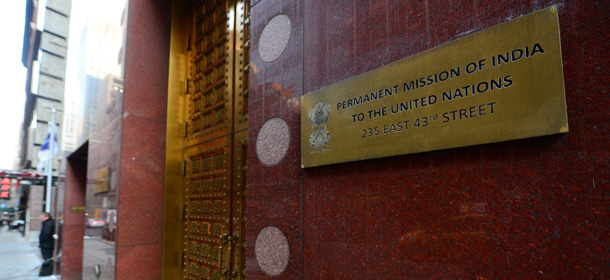 A view of India's United Nations permanent mission in New York, December 18, 2013. Indian diplomat Devyani Khobragade, who was arrested in the US, has been transferred to the Indian permanent mission at the UN, in order for her to benefit full diplomatic immunity. The arrest and detention of Khobragade, India's deputy consul general in New York, on visa fraud charges, has created a diplomatic uproar, with punitive steps taken against US State Department officials in New Delhi. AFP PHOTO/Emmanuel Dunand (Photo credit should read EMMANUEL DUNAND/AFP/Getty Images)