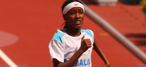 BEIJING - AUGUST 19: Samia Yusuf Omar of Somalia competes in the Women's 200m Heats held at the National Stadium on Day 11 of the Beijing 2008 Olympic Games on August 19, 2008 in Beijing, China. (Photo by Stu Forster/Getty Images)