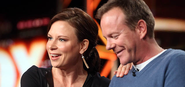 PASADENA, CA - JANUARY 13: Actress Mary Lynn Rajskub (L) and actor Kiefer Sutherland speak during the FOX portion of the 2014 Television Critics Association Press Tour at the Langham Hotel on January 13, 2014 in Pasadena, California. (Photo by Frederick M. Brown/Getty Images)