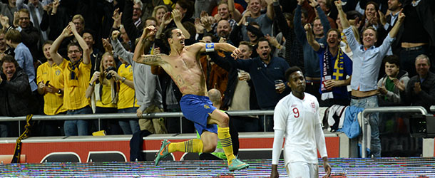 Sweden's striker and team captain Zlatan Ibrahimovic celebrates after scoring his 4th goal during the FIFA World Cup 2014 friendly match England vs Sweden in Stockholm, Sweden on November 14, 2012. AFP PHOTO / JONATHAN NACKSTRAND (Photo credit should read JONATHAN NACKSTRAND/AFP/Getty Images)