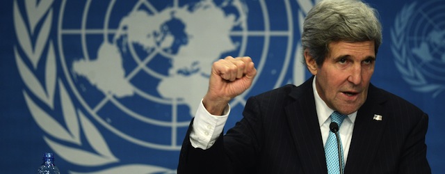 US Secretary of State John Kerry gestures during a press conference closing the so-called Geneva II peace talks dedicated to the ongoing conflict in Syria, on January 22, 2014, in Montreux. Representatives of Syrian President Bashar al-Assad, a deeply divided opposition, world powers and regional bodies started a long-delayed peace conference aimed at bringing an end to a nearly three-year civil war. AFP PHOTO / PHILIPPE DESMAZES (Photo credit should read PHILIPPE DESMAZES/AFP/Getty Images)