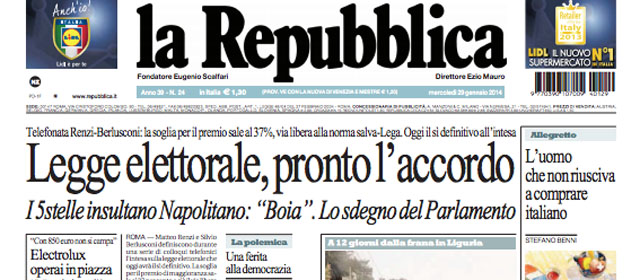 Le prime pagine di mercoledì 29 gennaio 2014