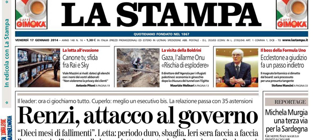 Le prime pagine di venerdì 17 gennaio 2014