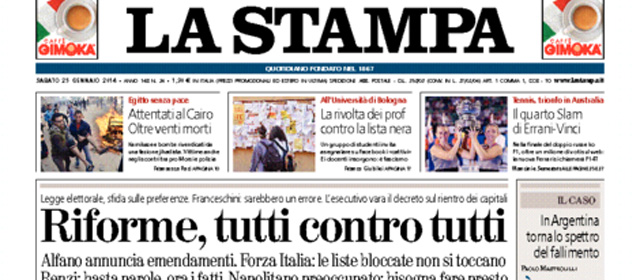 Le prime pagine di sabato 25 gennaio 2014
