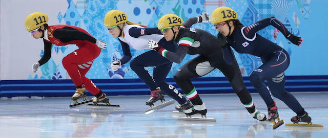 compete in the Short Track Speed Skating Ladies' 500 m Final on day 6 of the Sochi 2014 Winter Olympics at at Iceberg Skating Palace on February 13, 2014 in Sochi, Russia.