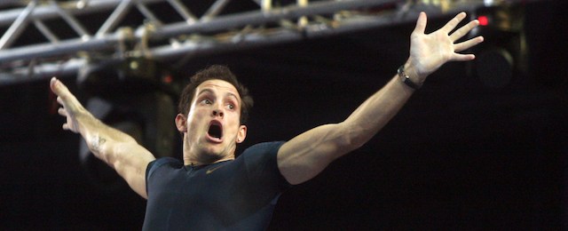 France's Renaud Lavillenie reacts just after breaking Sergei Bubka's 21-year-old indoor pole vault world record on February 15, 2014, in Donetsk, at the same Donetsk meeting where the Ukrainian great set the old mark in 1993. Lavillenie, the Olympic champion, vaulted 6.16 metres at his first attempt to improve the record by one centimetre and to make the moment sweeter Bubka was present to witness it and was among the first to congratulate him. AFP PHOTO/ ALEXANDER KHUDOTEPLY (Photo credit should read Alexander KHUDOTEPLY/AFP/Getty Images)
