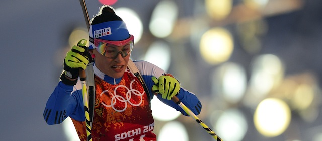 Italy's Dorothea Wierer compete in the Biathlon mixed 2x6 km + 2x7,5 km Relay at the Laura Cross-Country Ski and Biathlon Center during the Sochi Winter Olympics on February 19, 2014 in Rosa Khutor near Sochi. AFP PHOTO / PIERRE-PHILIPPE MARCOU (Photo credit should read PIERRE-PHILIPPE MARCOU/AFP/Getty Images)