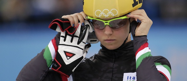 Arianna Fontana of Italy prepares to compete in a women's 1500m short track speedskating final at the Iceberg Skating Palace during the 2014 Winter Olympics, Saturday, Feb. 15, 2014, in Sochi, Russia. (AP Photo/Bernat Armangue)