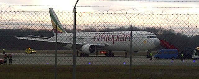 Photo taken with a portable telephone on February 17, 2014 in Geneva shows the Ethiopian Airlines flight en route to Rome which was on hijacked and forced to land in Geneva, where the hijacker has been arrested, police said. There were no immediate reports of injuries and in a statement in Addis Ababa Ethiopian Airlines said "the passengers are safe and sound."

AFP Photo/Pierre Taillefer (Photo credit should read PIERRE TAILLEFER/AFP/Getty Images)