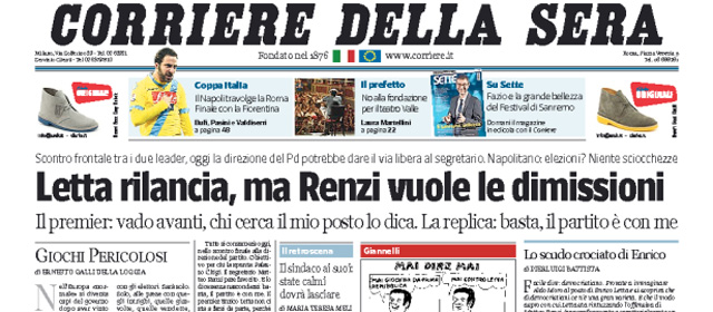Le prime pagine di giovedì 13 febbraio 2014