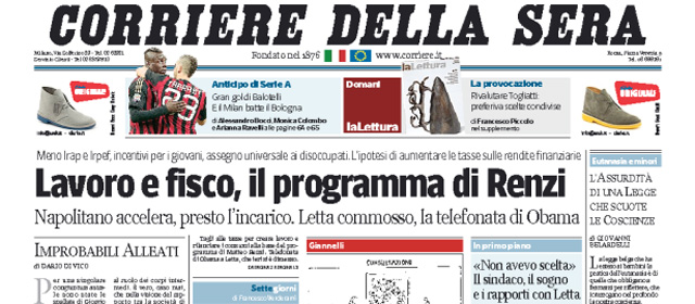 Le prime pagine di sabato 15 febbraio 2014