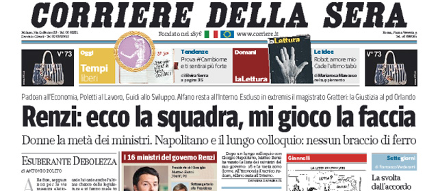 Le prime pagine di sabato 22 febbraio 2014