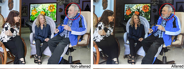 COMBO - This photo combination of four handout pictures show, top left, an unaltered image provided by photographer Alex Castro of Argentina's President Cristina Fernandez, left, with Cuban leader Fidel Castro, right, and Fidel's wife Dalia Soto del Valle during a private meeting, Jan. 26, 2014, in Havana, Cuba. On the top right is the same image released through Estudios Revolucion, digitally altered to remove what appears to be a hearing aid from the retired leader's ear. The bottom left image is a blown up view of the unaltered image and the bottom right image is a blown up view of the altered image. The Associated Press is eliminating from its archive this image and six more of the Cuban government handout photos of Fidel Castro meeting with leaders participating in a recent Latin America and Caribbean summit, after determining some were digitally altered. (AP Photo/Alex Castro, Cubadebate)