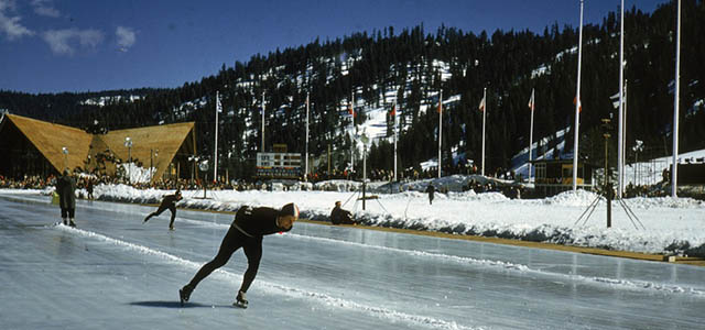 Two speed skaters practice on the outdoor track at the 1960 Winter Olympic Games, Squaw Valley, California, February 1960. (Photo by Hulton Archive/Getty Images)
