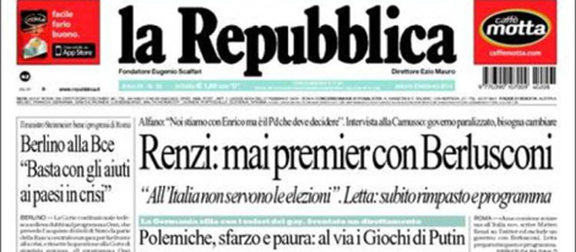 Le prime pagine di sabato 8 febbraio 2014