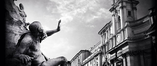 ROME, ITALY - FEBRUARY 03: (EDITORS NOTE: Image was created and digitally altered using a smartphone) A general view of a statue of the Fountain of the Four Rivers by Gian Lorenzo Bernini in Piazza Navona on January 26, 2014 in Rome, Italy. (Photo by Vittorio Zunino Celotto/Getty Images)