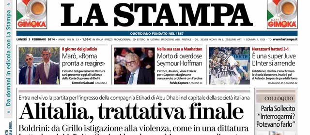 Le prime pagine di lunedì 3 febbraio 2014