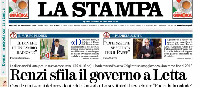 Le prime pagine di venerdì 14 febbraio 2014