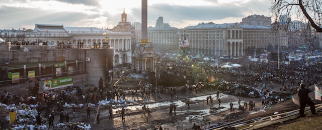 KIEV, UKRAINE - FEBRUARY 20: The afternoon sun shines over Independence Square on February 20, 2014 in Kiev, Ukraine. After several weeks of calm, violence has again flared between anti-government protesters and police, with dozens killed. (Photo by Brendan Hoffman/Getty Images) *** Local Caption ***